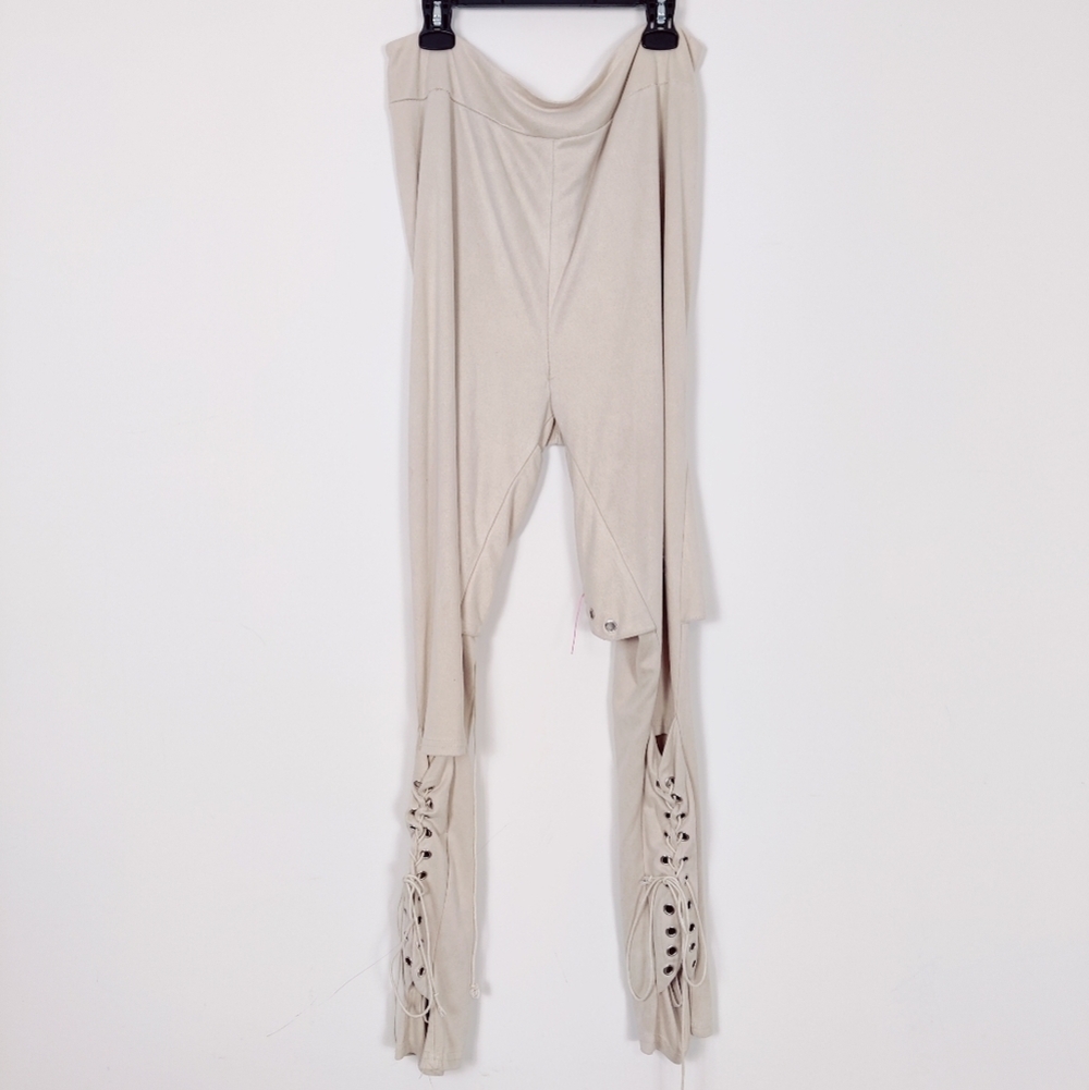 Women's Beige Bodycon Legging Pants Lace Up Size XL Cowgirl Western Bohemian